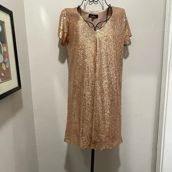 LULU’s Sequined Mini Dress SIZE MEDIUM Peach Short Sleeve V-Neck Cocktail Dress - Picture 8 of 8
